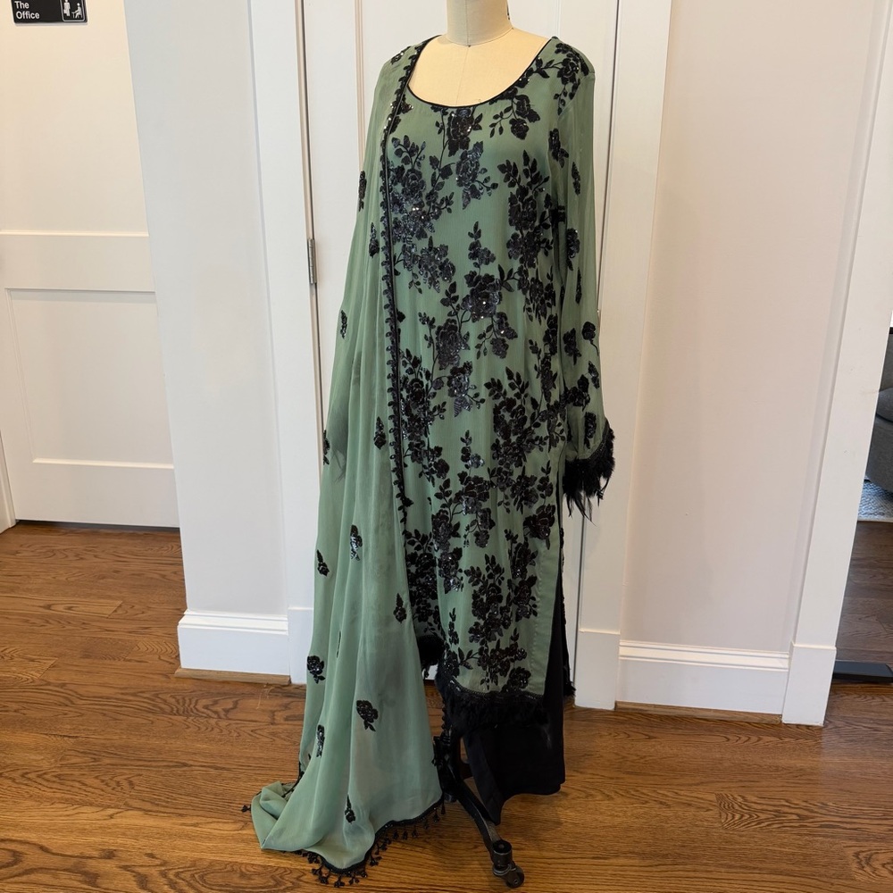 Pure Chiffon Green Kameez & Dubatta with Black Silk Pants